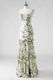 Green Flower Sheath Halter Neck Printed Long Bridesmaid Dress with Lace Up Back