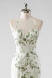 Green Flower Sheath Halter Neck Printed Long Bridesmaid Dress with Lace Up Back