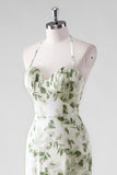 Green Flower Sheath Halter Neck Printed Long Bridesmaid Dress with Lace Up Back