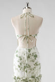 Green Flower Sheath Halter Neck Printed Long Bridesmaid Dress with Lace Up Back