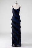 Black Blue Sheath Spaghetti Straps Tassel Long Bridesmaid Dress with Slit