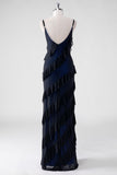 Black Blue Sheath Spaghetti Straps Tassel Long Bridesmaid Dress with Slit