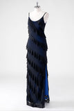 Black Blue Sheath Spaghetti Straps Tassel Long Bridesmaid Dress with Slit