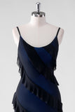 Black Blue Sheath Spaghetti Straps Tassel Long Bridesmaid Dress with Slit