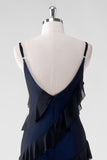 Black Blue Sheath Spaghetti Straps Tassel Long Bridesmaid Dress with Slit