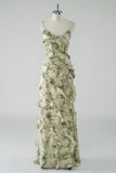 Sage Flower Sheath Spaghetti Straps Floor Length Bridesmaid Dress with Ruffles