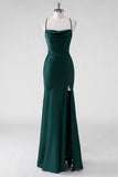 Pine Sheath Spaghetti Straps Satin Floor Length Bridesmaid Dress with Lace Up Back