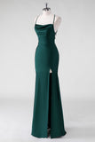 Pine Sheath Spaghetti Straps Satin Floor Length Bridesmaid Dress with Lace Up Back