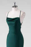 Pine Sheath Spaghetti Straps Satin Floor Length Bridesmaid Dress with Lace Up Back