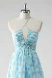 Blue Flower A Line Spaghetti Straps Pleated Tiered Floor Length Bridesmaid Dress