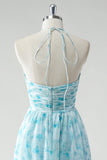 Blue Flower A Line Spaghetti Straps Pleated Tiered Floor Length Bridesmaid Dress