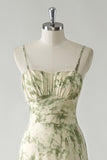 Sage Flower A Line Spaghetti Straps Printed Long Bridesmaid Dress with Ruffles