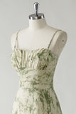 Sage Flower A Line Spaghetti Straps Printed Long Bridesmaid Dress with Ruffles