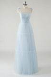 Sky Blue A Line Spaghetti Straps Corset Long Bridesmaid Dress with Lace Up Back