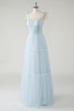 Sky Blue A Line Spaghetti Straps Corset Long Bridesmaid Dress with Lace Up Back