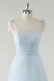 Sky Blue A Line Spaghetti Straps Corset Long Bridesmaid Dress with Lace Up Back