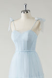 Sky Blue A Line Spaghetti Straps Corset Long Bridesmaid Dress with Lace Up Back