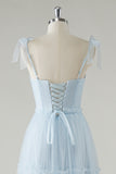 Sky Blue A Line Spaghetti Straps Corset Long Bridesmaid Dress with Lace Up Back