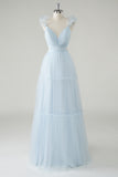 Sky Blue A Line V Neck Cut Out Corset Long Bridesmaid Dress with Lace Up Back