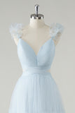 Sky Blue A Line V Neck Cut Out Corset Long Bridesmaid Dress with Lace Up Back