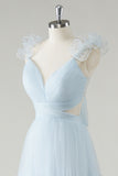 Sky Blue A Line V Neck Cut Out Corset Long Bridesmaid Dress with Lace Up Back