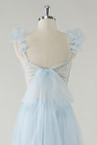 Sky Blue A Line V Neck Cut Out Corset Long Bridesmaid Dress with Lace Up Back