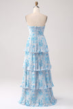 Blue Flower A-Line Sweetheart Tiered Chiffon Print Floor Length Bridesmaid Dress