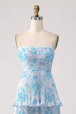 Blue Flower A-Line Sweetheart Tiered Chiffon Print Floor Length Bridesmaid Dress