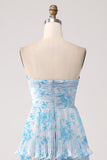 Blue Flower A-Line Sweetheart Tiered Chiffon Print Floor Length Bridesmaid Dress