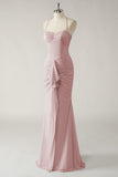 Dusty Rose Mermaid Halter Open Back Ruched Long Bridesmaid Dress