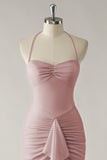 Dusty Rose Mermaid Halter Open Back Ruched Long Bridesmaid Dress