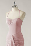 Dusty Rose Mermaid Halter Open Back Ruched Long Bridesmaid Dress