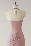 Dusty Rose Mermaid Halter Open Back Ruched Long Bridesmaid Dress