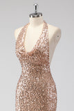 Glitter Champagne Mermaid Halter Open Back Long Prom Dress with Sequins