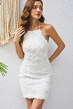 White Bodycon Halter Neck Short Graduation Dress with Appliques