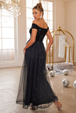 Glitter Black Mermaid Off The Shoulder Sequin Long Prom Dress With Tulle