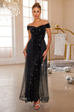 Glitter Black Mermaid Off The Shoulder Sequin Long Prom Dress With Tulle