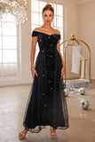 Glitter Black Mermaid Off The Shoulder Sequin Long Prom Dress With Tulle