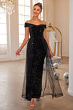 Glitter Black Mermaid Off The Shoulder Sequin Long Prom Dress With Tulle