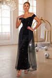 Glitter Black Mermaid Off The Shoulder Sequin Long Prom Dress With Tulle