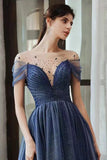 Sparkly Navy A Line Round Neck Short Sleeves Tull Long Prom Dress