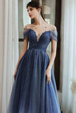 Sparkly Navy A Line Round Neck Short Sleeves Tull Long Prom Dress