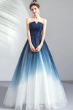 Navy Strapless A-Line Tulle Pleated Long Prom Dress