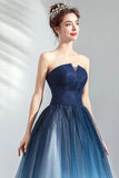 Navy Strapless A-Line Tulle Pleated Long Prom Dress