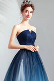 Navy Strapless A-Line Tulle Pleated Long Prom Dress