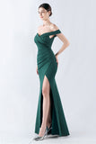 Pine Mermaid Off The Shoulder Long Prom Dress with Slit