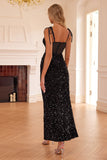 Black Mermaid Spaghetti Straps Corset Sequin Long Prom Dress with Slit