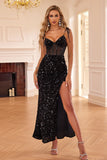 Black Mermaid Spaghetti Straps Corset Sequin Long Prom Dress with Slit