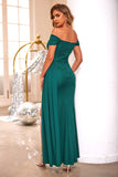 Off The Shoulder Side Streamer Dark Green Long Prom Dress With Slit