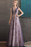 Purple A-Line Round Neck Tulle Long Prom Dress